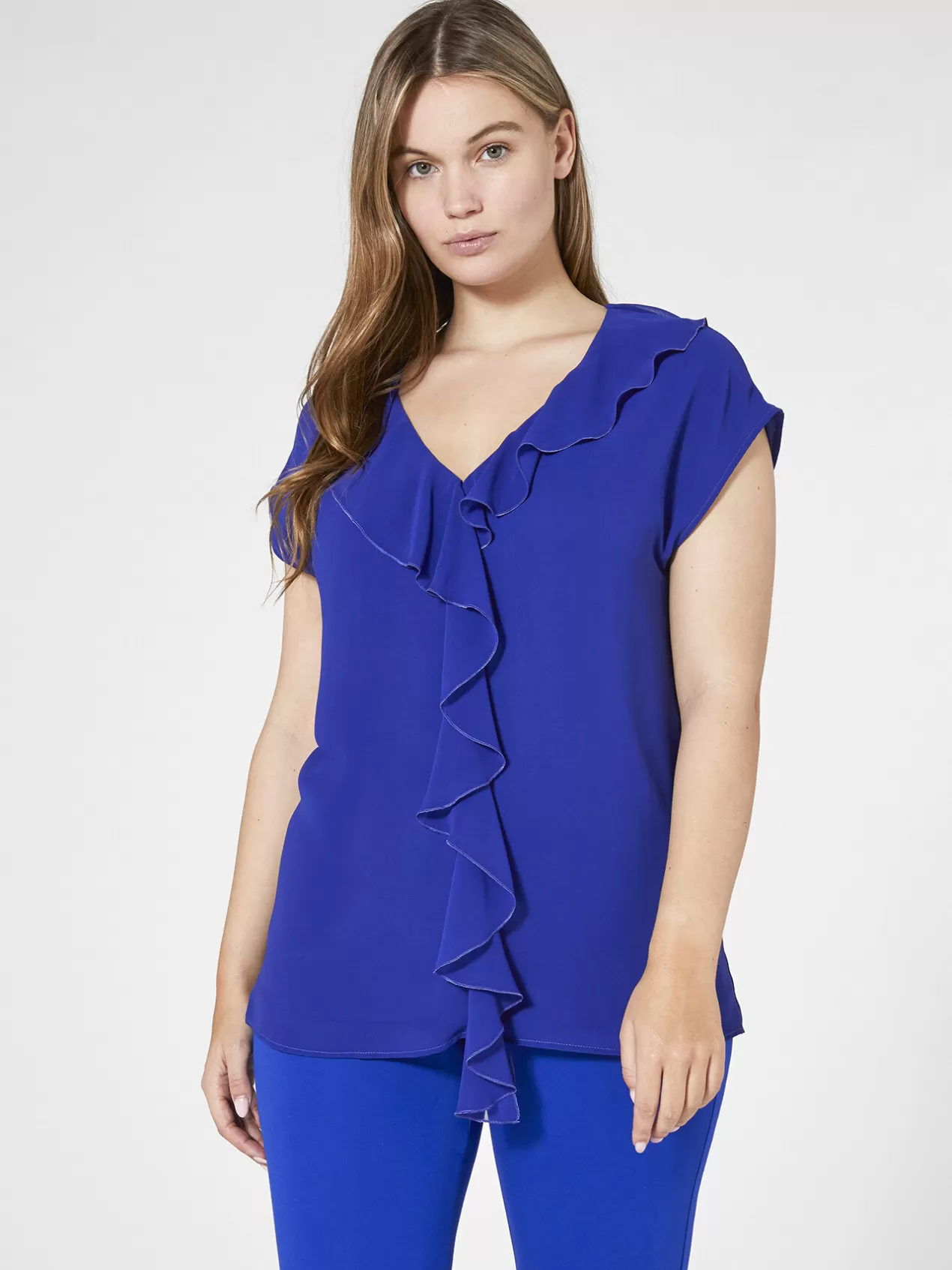 Store Elena Mirò Blouse Manches Courtes Avec Jabot Bleuet