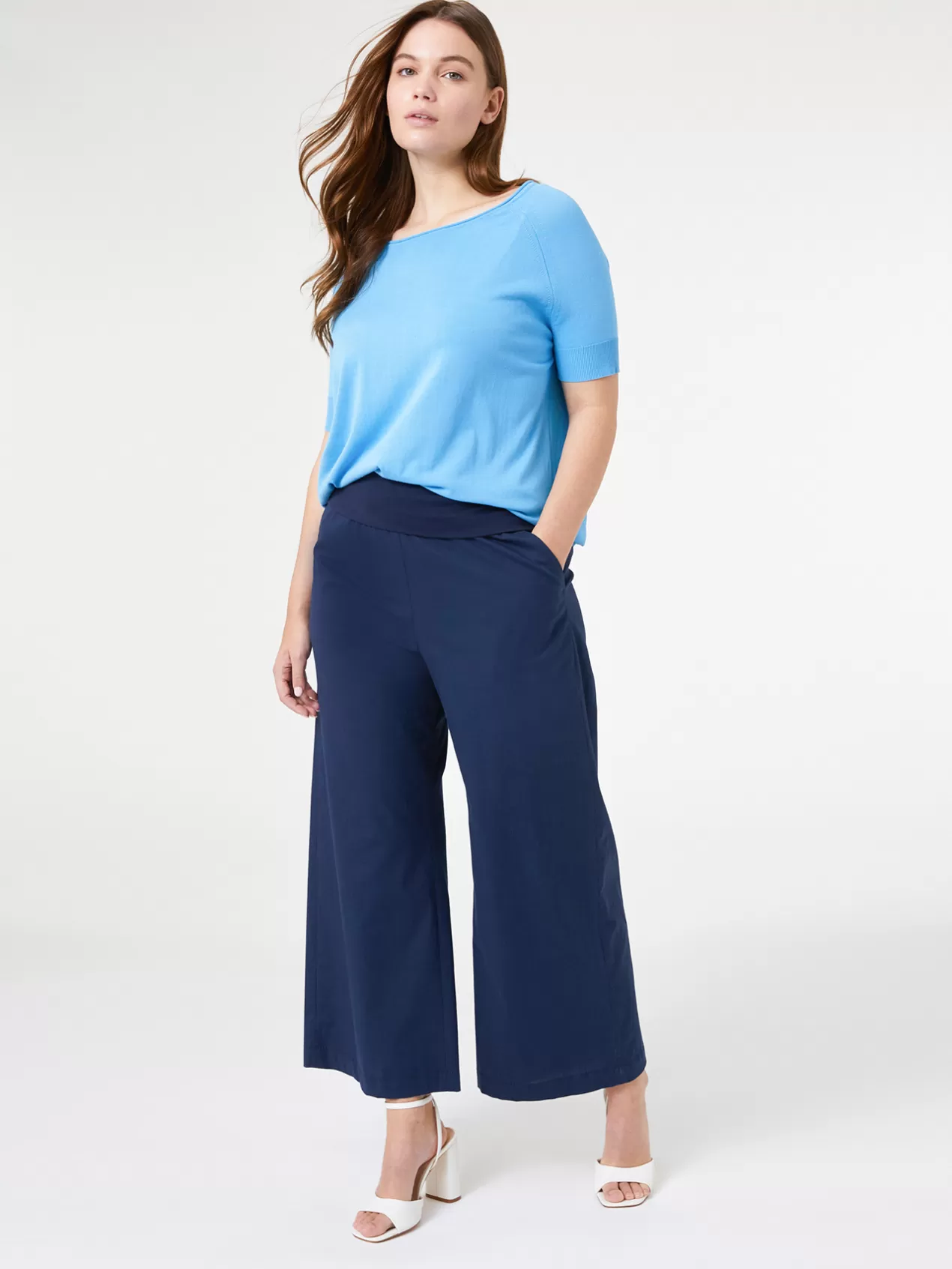 Clearance Elena Mirò Pantalon Cropped Avec Bord A La Taille Bleu