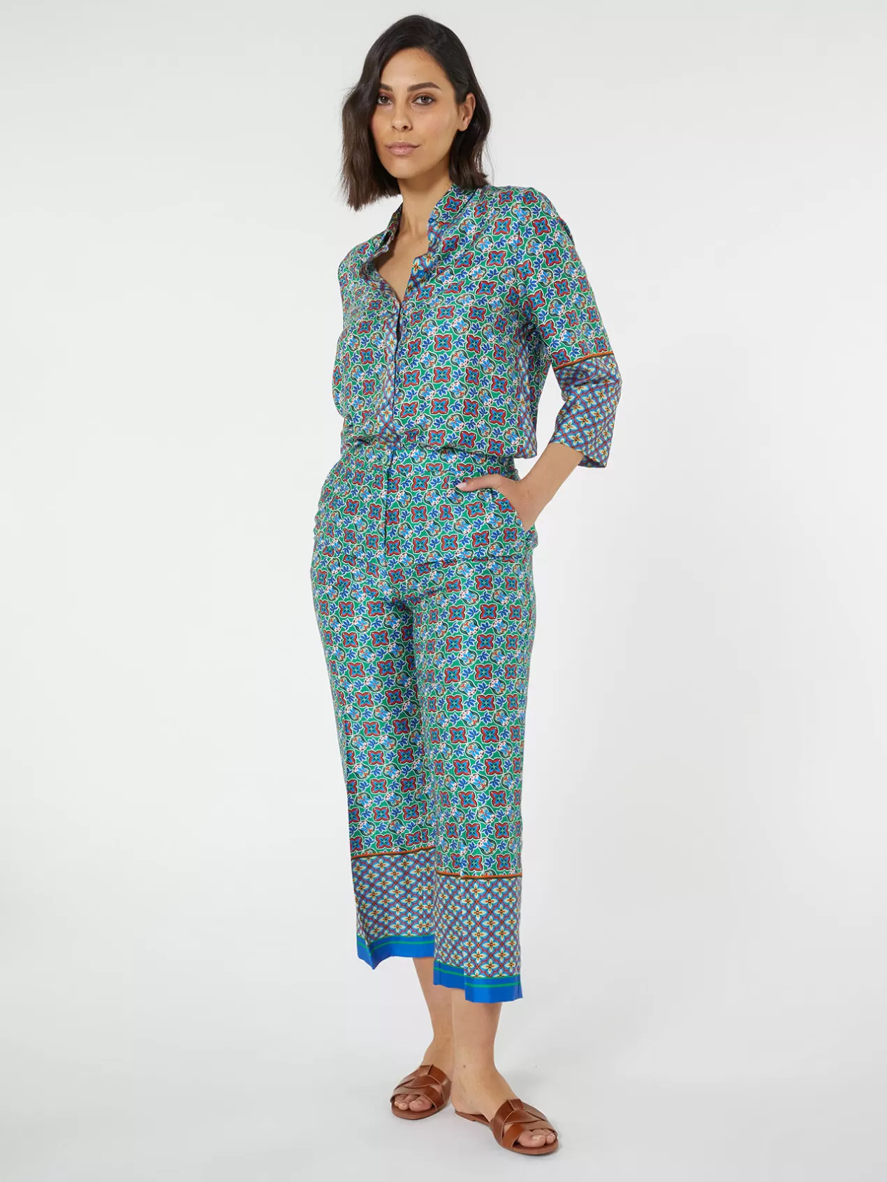 Clearance Elena Mirò Pantalon Droit A Imprime Ethnique Bleu