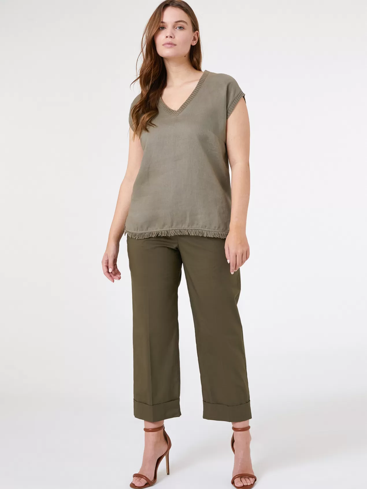 Hot Elena Mirò Pantalon Droit Cropped En Toile Extensible Vert