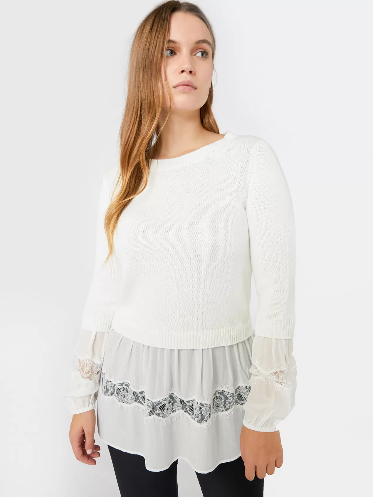 New Elena Mirò Pull Avec Parties En Tissu Et Dentelle Blanc