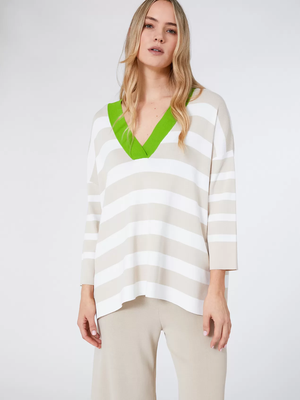 Clearance Elena Mirò Pull Raye Avec Bordure Coloree Beige