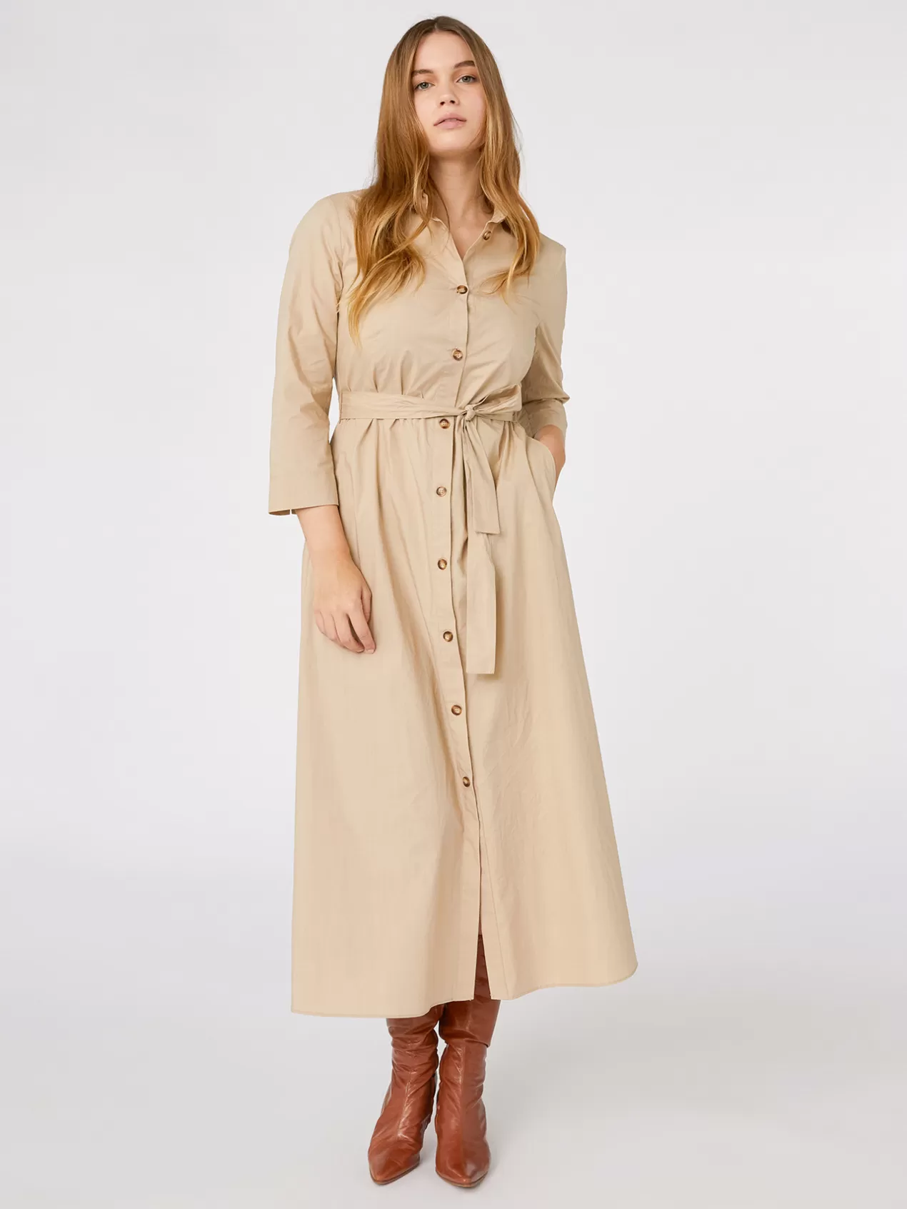 Clearance Elena Mirò Robe Chemisier En Toile De Coton Beige