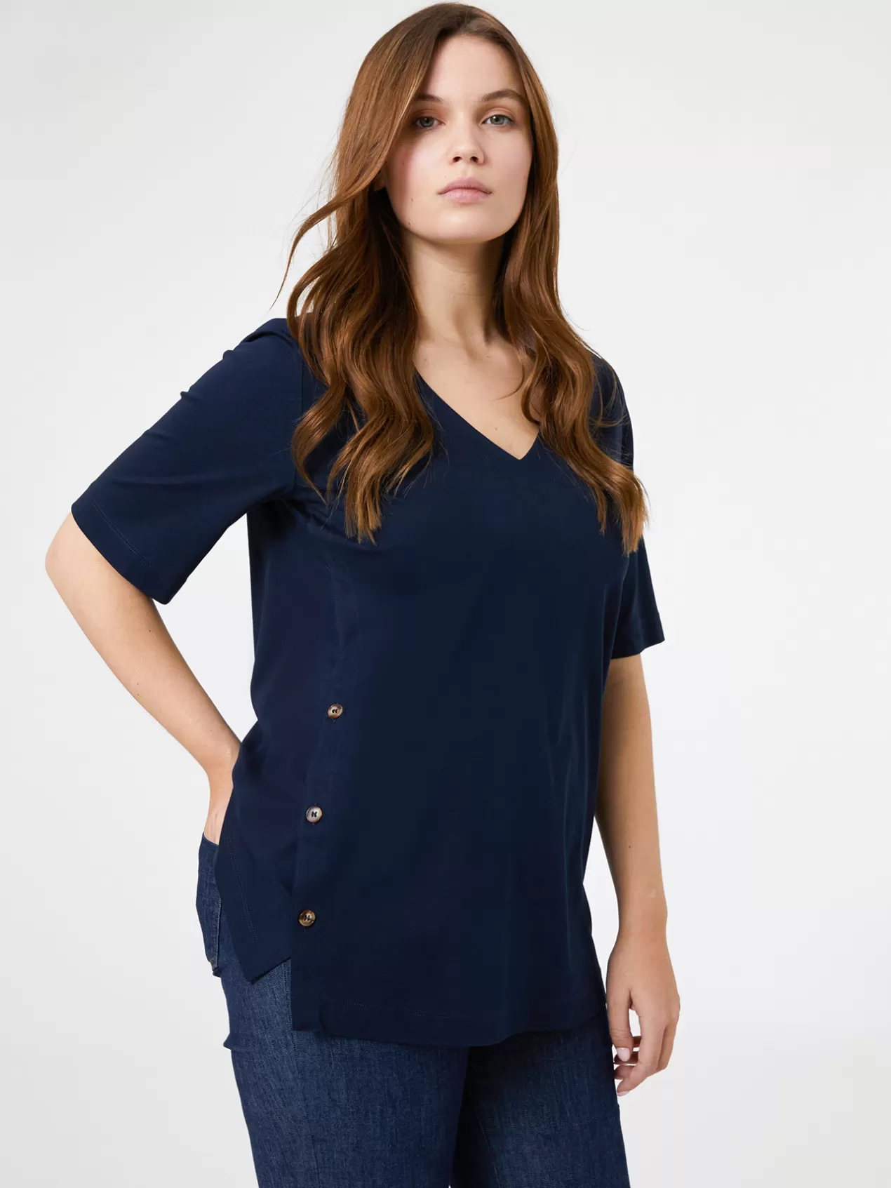 Store Elena Mirò T-Shirt Col En V Avec Bord Dans Le Bas Bleu